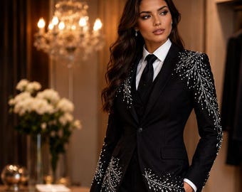 Black Embroidered Statement Blazer, Custom Tailored Luxury Formal Jacket Peak Lapel