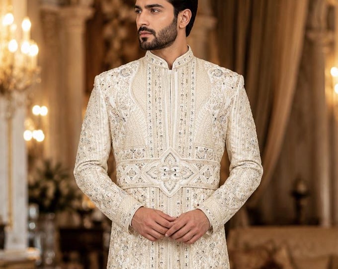 Ivory Sherwani Embroidered for Groom | Custom Indian Wedding Dulha Baraat Attire