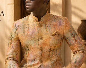 Men's Indo-Western Bandhgala Jacket, Pastel African Print, Mandarin Collar Blazer