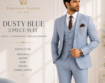 Men's Dusty Blue 3 Piece Custom Suit | Slim Fit Wedding Prom Tuxedo