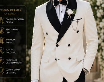 White Double Breasted Suit | Custom Slim Fit Wedding Groom Attire Black Lapel, 6 Button