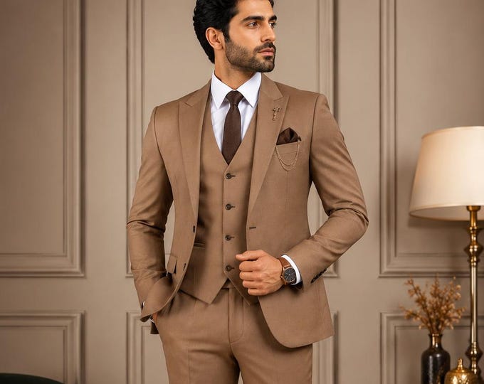 Light Brown 3 Piece Custom Suit, Slim Fit Wedding Groom Prom Formal Wear
