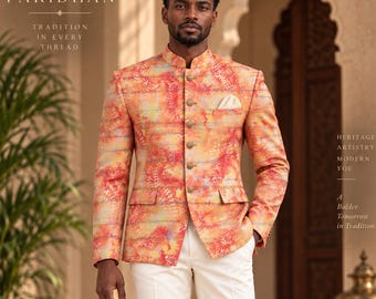 Indo-westerse Bandhgala-jas voor heren, pastelkleurige Afrikaanse print, blazer met mandarijnkraag