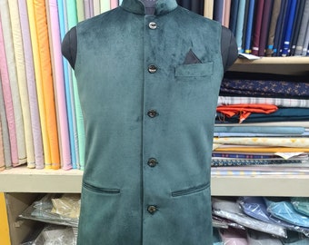 Green Color Velvet 1 Piece Half Jacket | Traditional Indian Jodhpuri Half Jacket | 2 Pockets inside