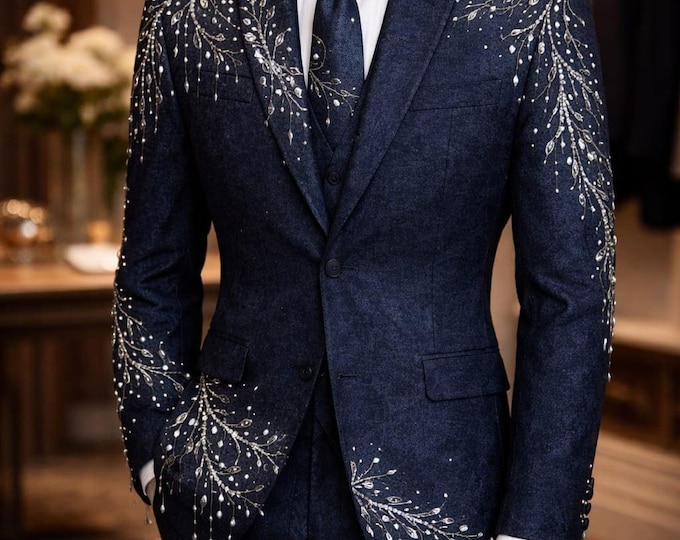 Navy Blue Sky Silver Suit with Celestial Embroidery | Custom Prom Tuxedo, Chinese Inspired Style