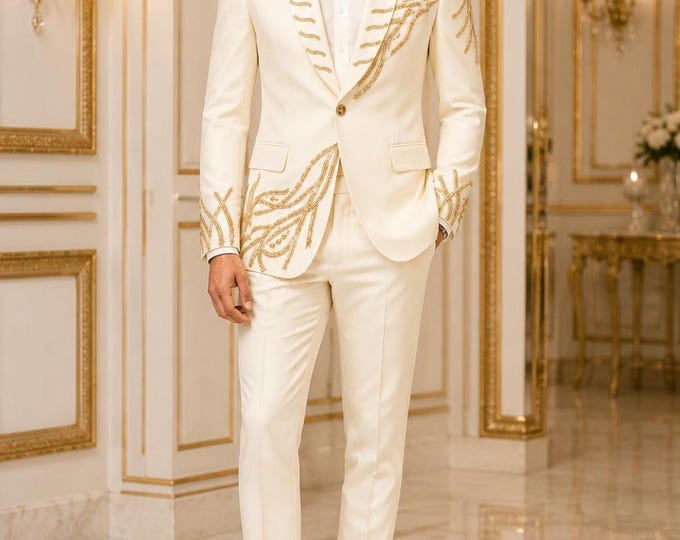 Ivory Tuxedo for Men in Golden Embroidery, Bespoke Men's Wedding Reception Outfit