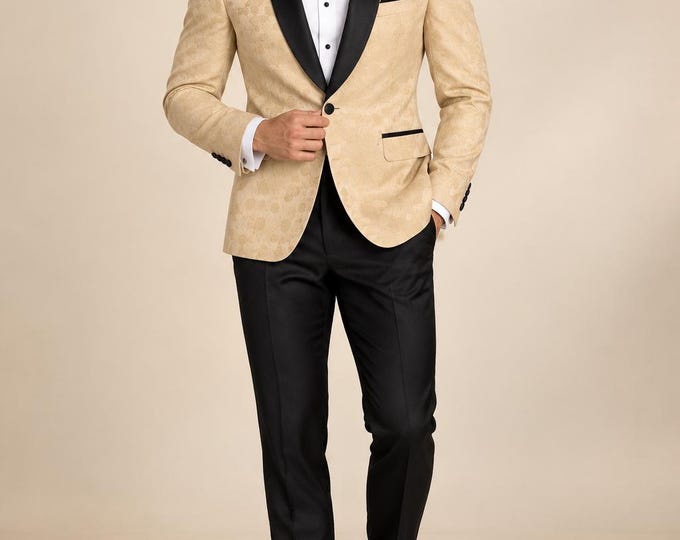 Champagne Gold Jacquard Tuxedo | Custom Wedding Suit, Groom, Prom Outfit