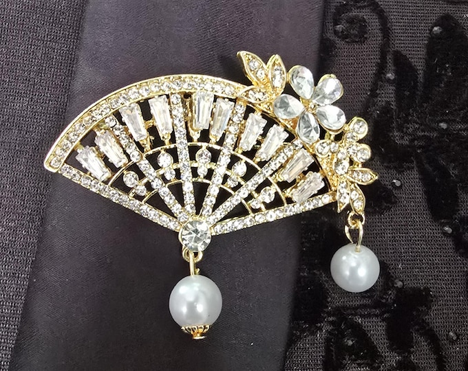 Gold Crystal Fan Brooch with Pearl Drop, Men's Wedding Suit Accessory, Statement Jacket Pin