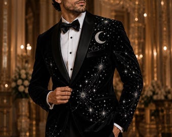 Black Celestial Tuxedo, Embroidered Luxury Star Moon Groom Suit, Custom Wedding Prom