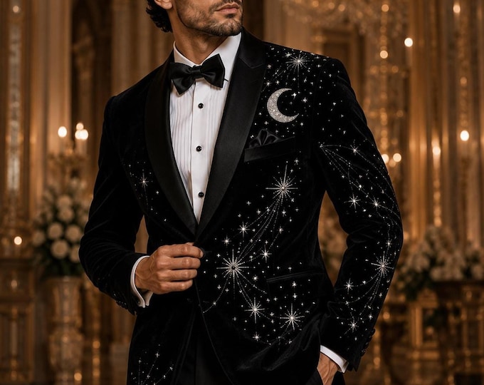 Black Celestial Tuxedo, Embroidered Luxury Star Moon Groom Suit, Custom Wedding Prom
