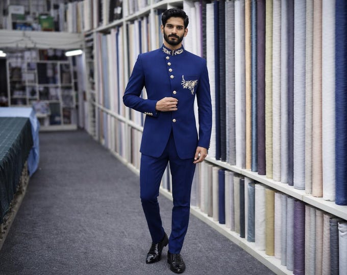 Jodhpuri Bandhgala Suit Wool Blend: Indian Wedding Groom Formal Wear Paridhan Tailors