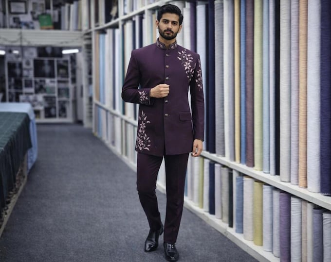 Wine Bandhgala Suit | Hand Embroidered Jodhpuri, Groom Wedding Attire