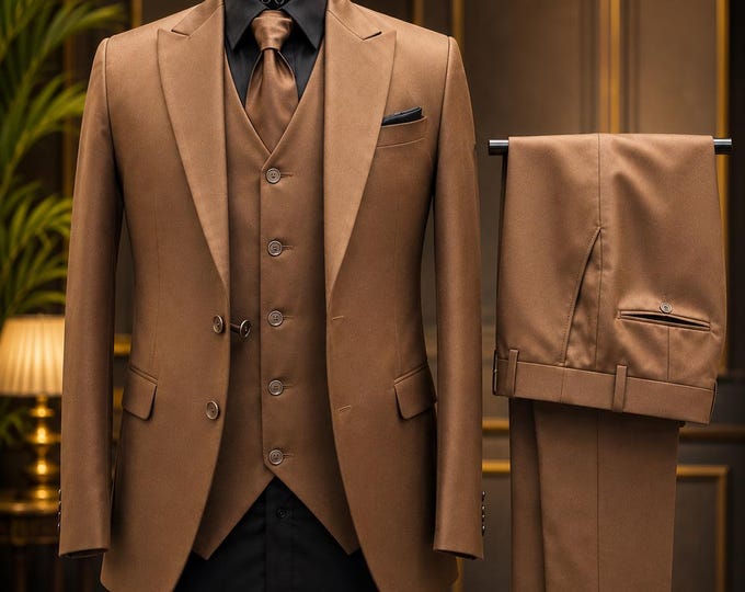 Brown 3 Piece Suit, Peak Lapel – Custom Made to Measure Classic Attire for Men's
