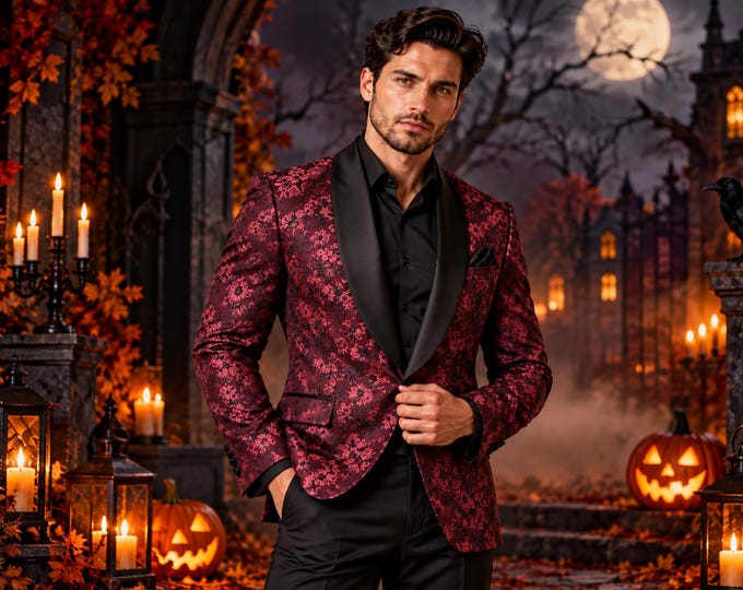 Burgundy Floral Tuxedo Jacket for Men, Gothic Wedding Suit, Black Satin Lapels (Custom Made)