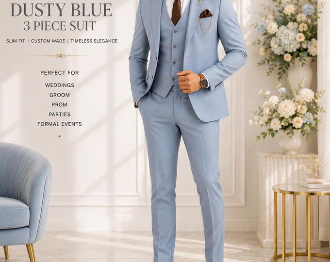 Men's Dusty Blue Suit 3 Piece Custom | Slim Fit Wedding Prom Tuxedo