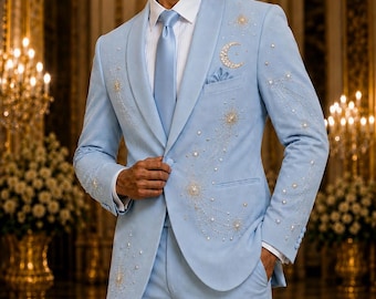 Light Blue Celestial Tuxedo, Moon Star Embroidered Groom Wedding Suit