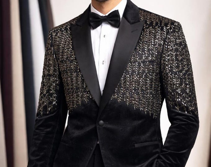 Luxury Handcrafted Embroidered Black Velvet Tuxedo | Luxury Wedding Blazer
