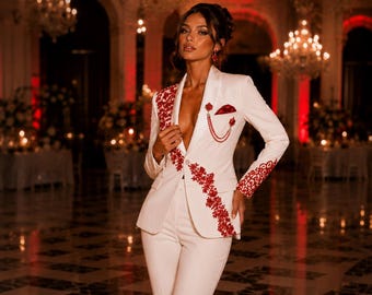 Women's White Tuxedo Suit with Red Embroidery – Formal Pantsuit for Gala, Prom