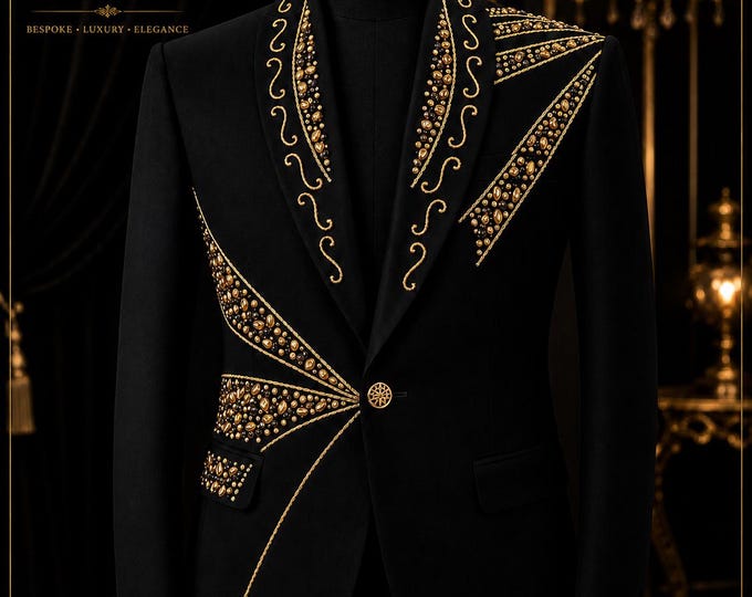 Black Gold Handcrafted Crystal Embroidery Tuxedo, Luxury Bespoke Groom Suit, Beaded Blazer