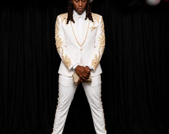 Prom Suit, White Suit in Gold Rhinestone, Luxury Embellished Wedding Tuxedo Set