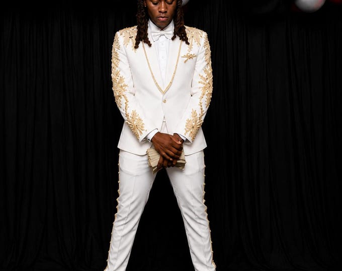 Prom Suit, White Suit in Gold Rhinestone, Luxury Embellished Wedding Tuxedo Set