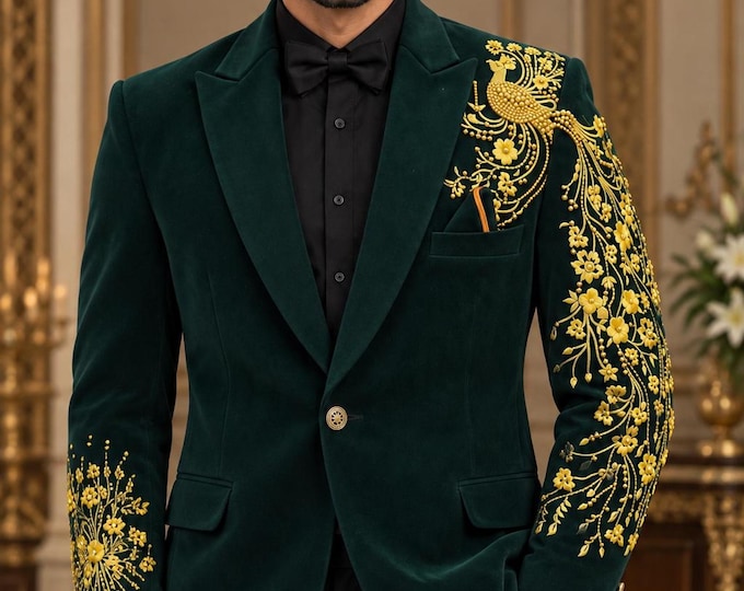 Peacock Tuxedo Emerald Green Velvet Hand-Embroidered Groom Formal Wear