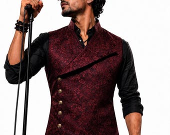 Men's Dark Maroon Floral Brocade Waistcoat – Gothic Wedding Vest, Indo Western Party Wear