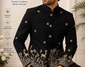 Black Jodhpuri Suit for Men, Golden Embroidered Wedding Royal Bandhgala Jacket & Trouser Set