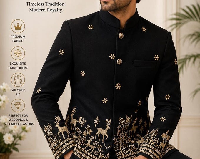 Black Jodhpuri Suit for Men, Golden Embroidered Wedding Royal Bandhgala Jacket & Trouser Set