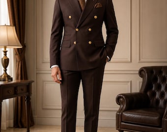 Espresso Brown Double Breasted Wool-Blend Suit, Peak Lapel, Custom Tailored Men's Formal Wear