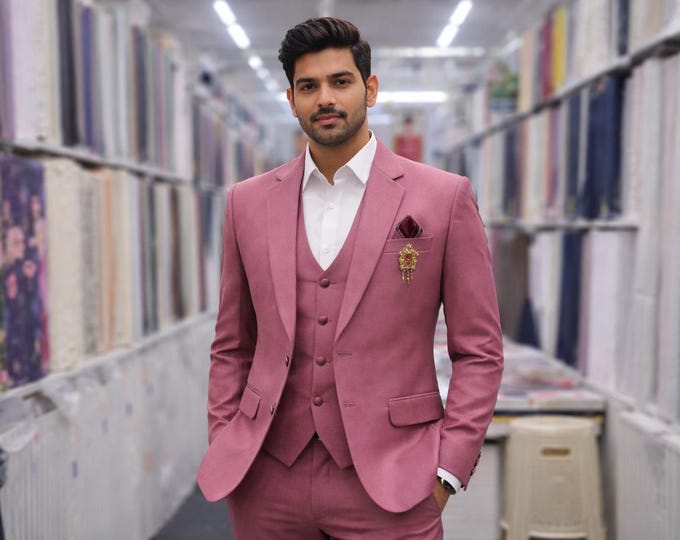 Dusty Rose 3 Piece Suit for Men | Indian Groom Wedding Blazer Set Paridhan Tailors