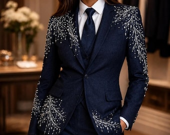 Women Blazer Suit, Crystal Embellished Navy Blue Couture