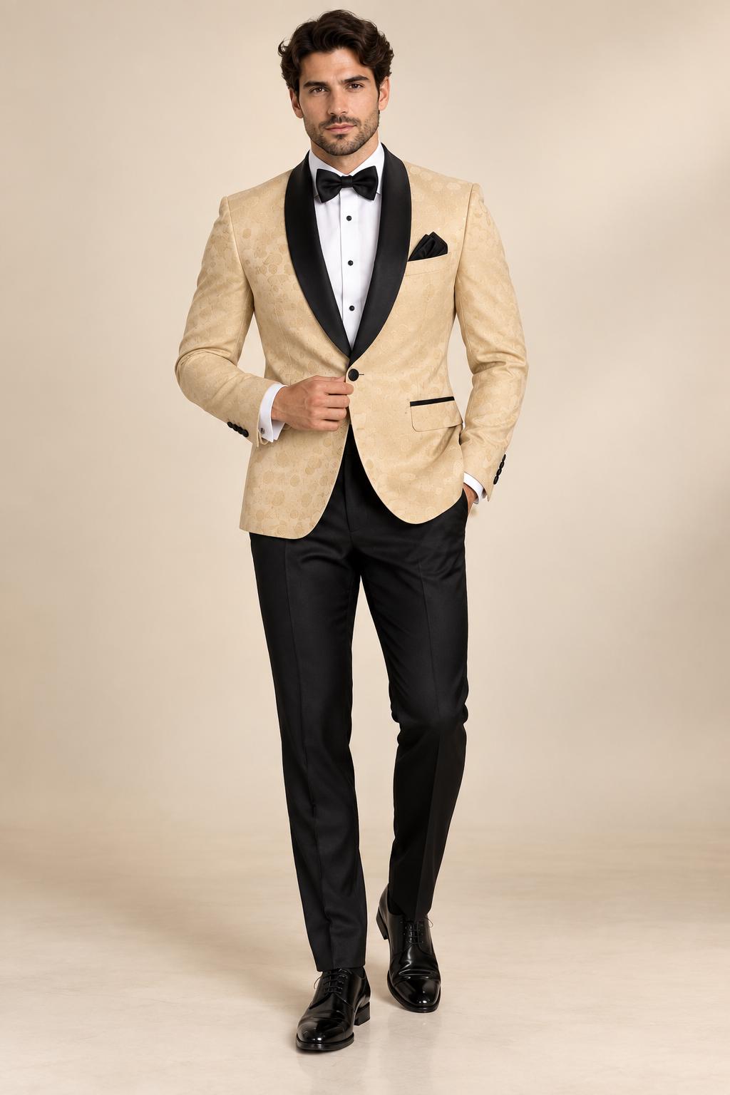 Champagne Gold Jacquard Tuxedo Custom Wedding Suit, Groom, Prom Outfit