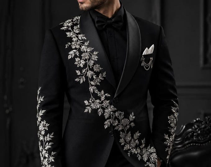Silver Embroidery Suit | 10 Colors | Custom Prom Suit | Made to Measure | Peacock Blue Champagne Gold Plum Purple Emerald