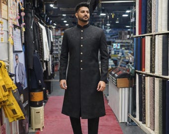 Custom Sherwani black achkan, hand work sherwani, piña organza