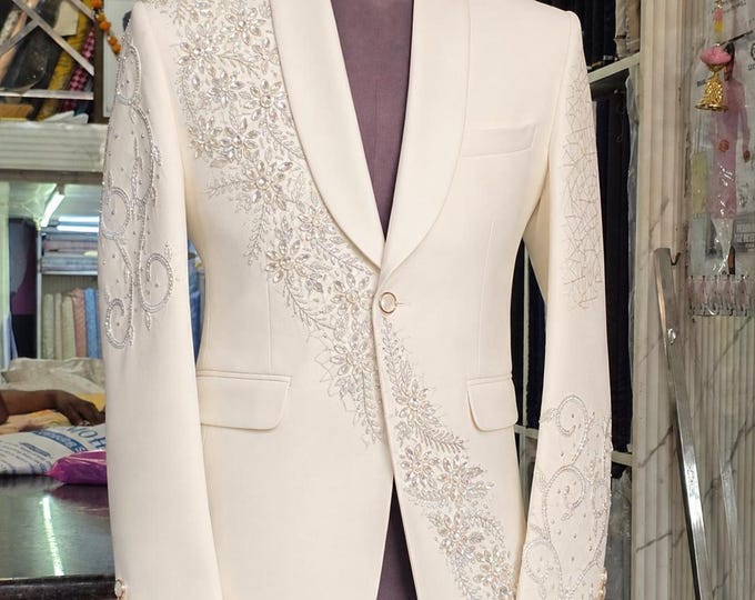 Ivory Tuxedo Jacket, Crystal, Shawl Lapel, Custom Fit, Embroidered Suit for Groom