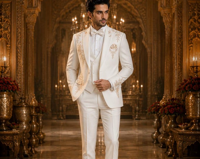 Indian Groom Tuxedo, White Zardosi Handwork, Maharaja Style Reception Suit