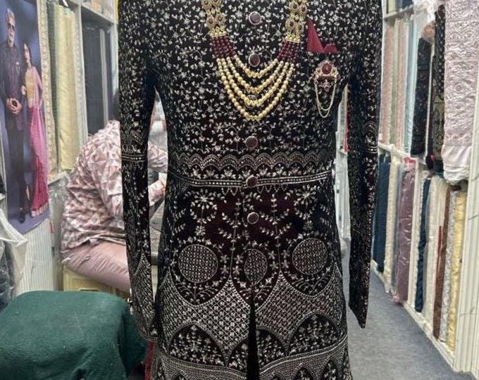 Embroidered Maroon Velvet Sherwani: Custom Indian Groom Suit
