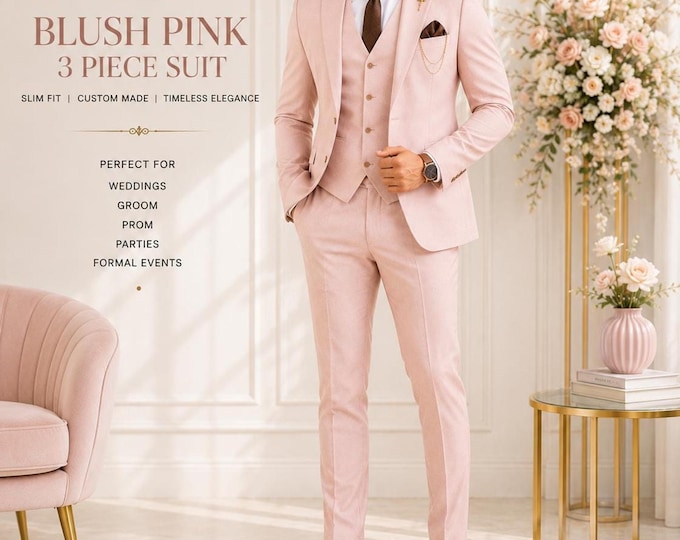 Custom Blush Pink Velvet 3 Piece Suit, Slim Fit Menswear for Weddings, Prom
