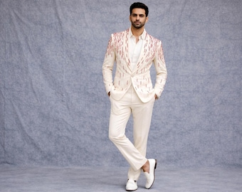 Ivory Suit for Men, Red Colour Handwork Satin Lapel