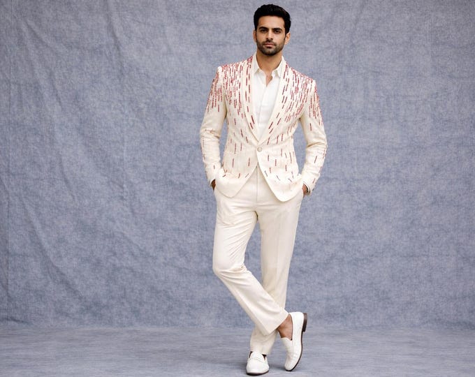 Ivory Men's Suit, Bespoke Tuxedo, Prom Blazer, Wedding Formal Wear