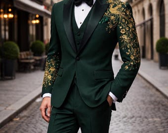 Emerald Tuxedo Men | Handmade Gold Floral Embroidered Prom Suit