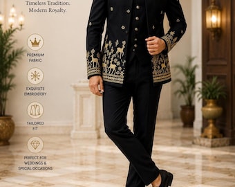 Black Indo Western 3-Piece Suit, Royal Wedding Occasion Wear, Gold Embroidered