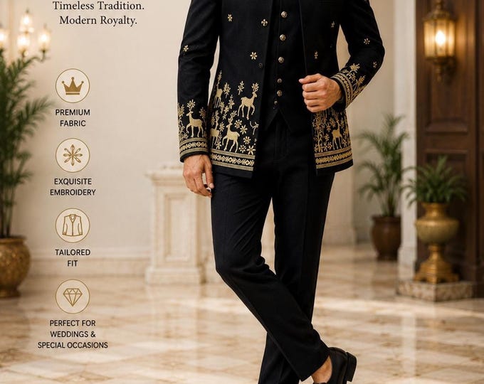 Black Indo Western 3-Piece Suit, Royal Wedding Occasion Wear, Gold Embroidered