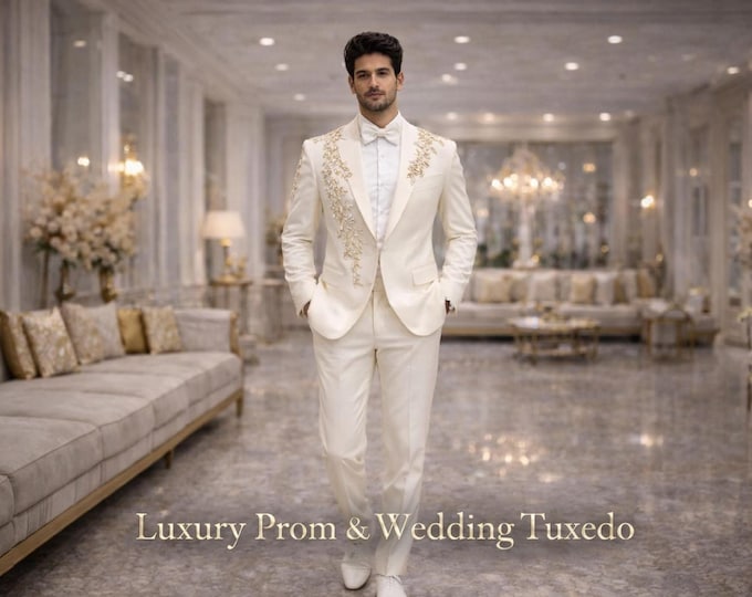 Custom White Gold Embroidered Tuxedo, Luxury Groom Wedding Blazer, Prom Suit Jacket