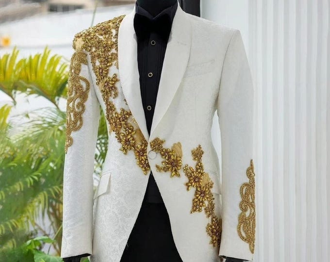 Custom Men Tuxedo Jacket – White Gold Embroidered Groom Wedding Suits