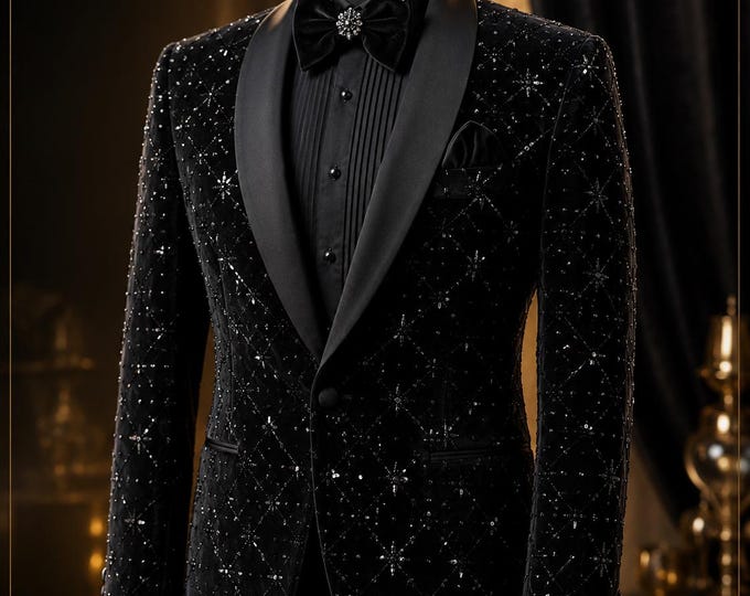 Men's Black Velvet Beaded Tuxedo Jacket, Celestial Star Embroidered Blazer, Custom Prom Suit