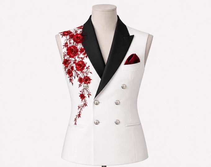 White Embroidered Vest Double-Breasted Waistcoat | Red Floral Embroidery, Black Shawl Lapel