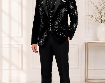 Black Celestial Embroidered Tuxedo, Black Color Three Piece Suit in Satin Shawl Lapel