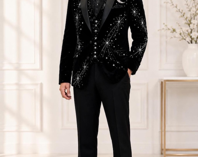 Planet Suit Men's Celestial Embroidered Tuxedo, Black Satin Shawl Lapel, Custom Fit